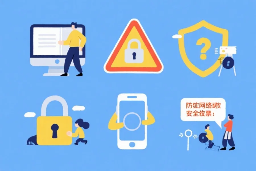 一组防范网络诈骗的插画，包括警示标志、加密锁和手机提示，强调安全上网的重要性